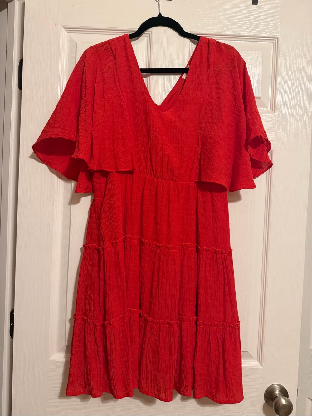 JODIFL Bright Red V-Neck Tiered Mini Dress